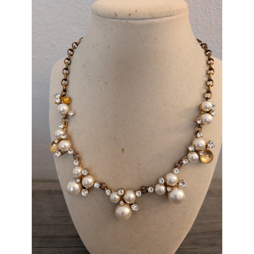 Vintage Style Faux Pearl and Rhinestone Statement Necklace Antique Gold Tone